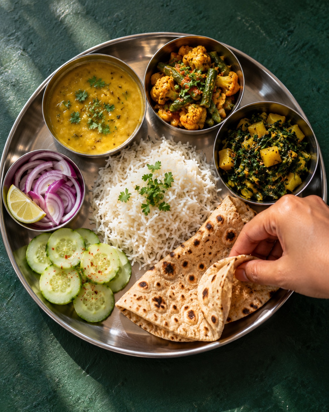 A comforting Indian thali with dal, vegetables, rice and fresh chapati